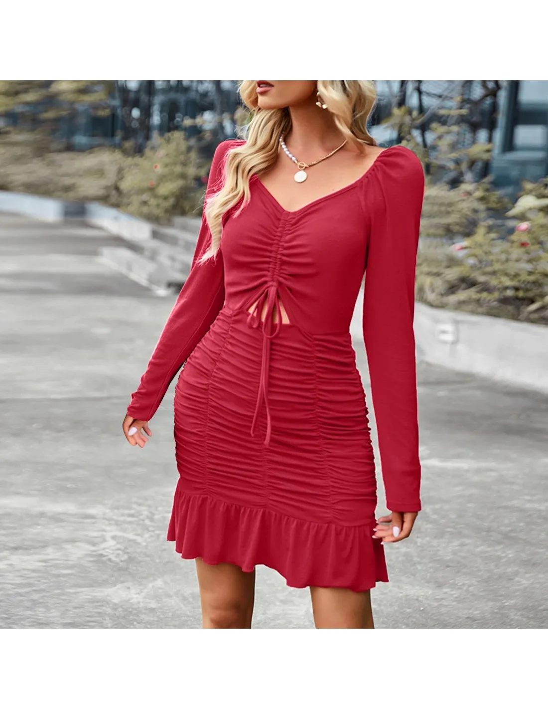 Women V Neck Long Sleeve Dress Smocked Package Hip Skinny Bodycon Mini Dress Autumn Knee Length Dresses For Women Vesti