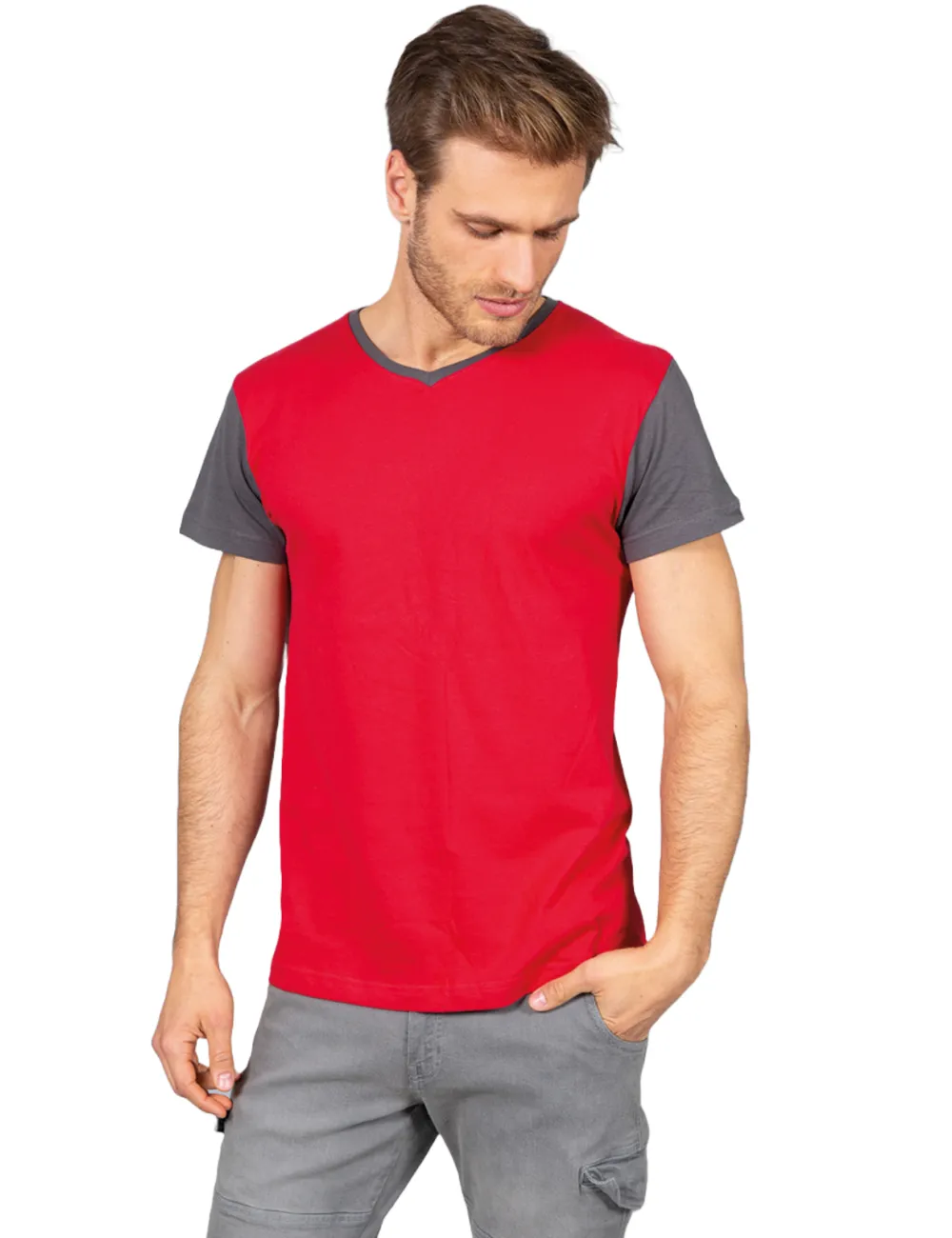 Zweifarbiges T-Shirt mit V-Ausschnitt aus 150 g Baumwolle, Größe Cadice.